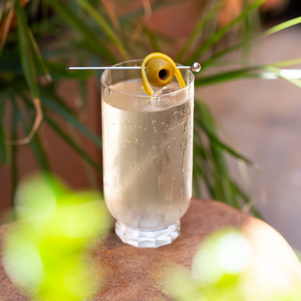 A crystal highball glass filled with a clear, ice-cold cocktail garnished with a cocktail pick holding a green olive and a lemon twist